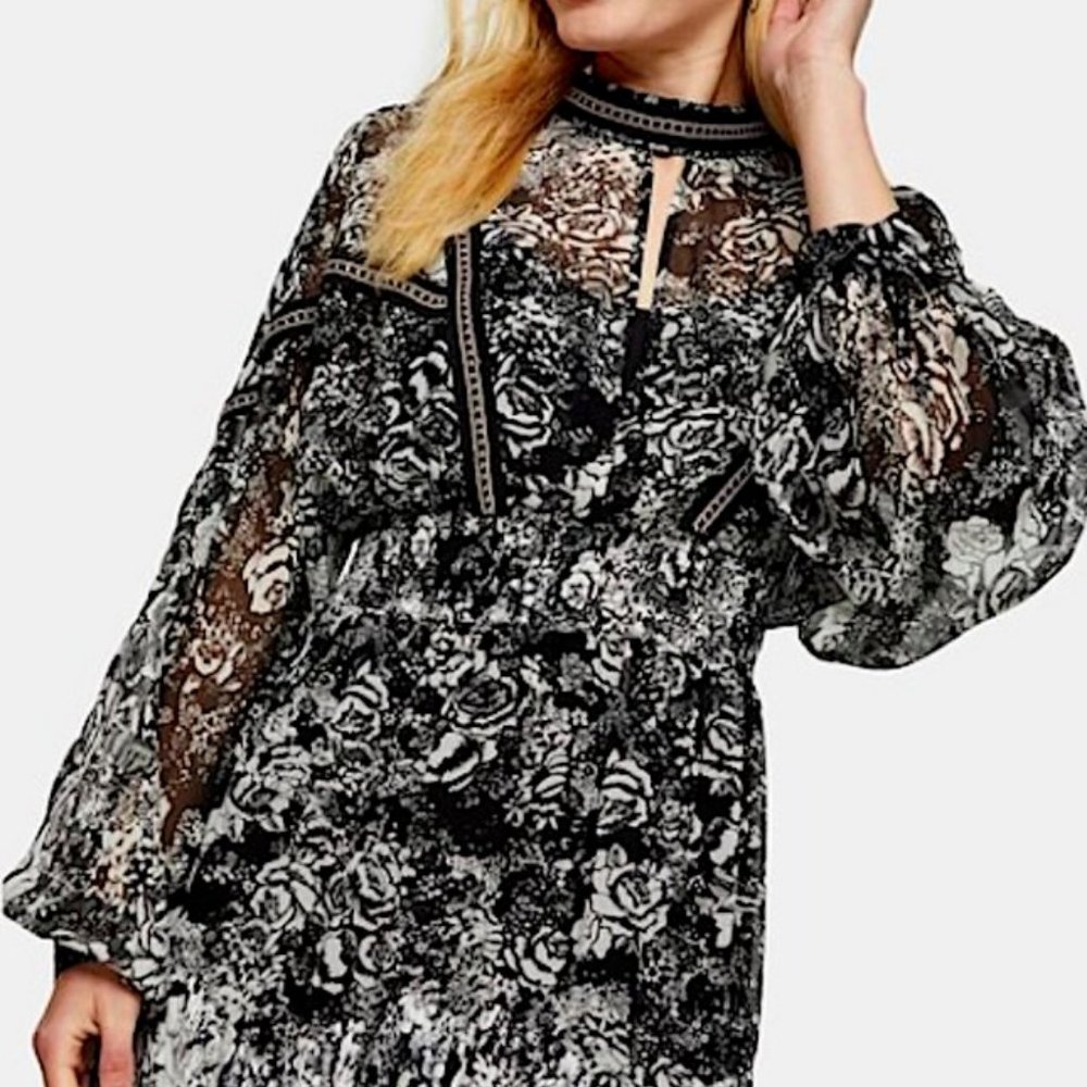 Topshop Black/White Floral Print Cutout Long Sleeve Mini Dress Size 6 "NEW"